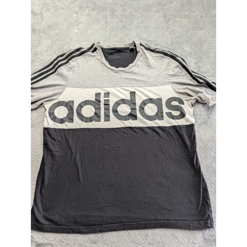 Adidas Mens XLT Gray Black Colorblock Logo T Shirt 3 Stripe Athletic Tee